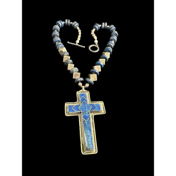 Vintage Lapis Lazuli Cross Necklace Silver Plated Geometric Beads Dangle Ethnic - Picture 6 of 7